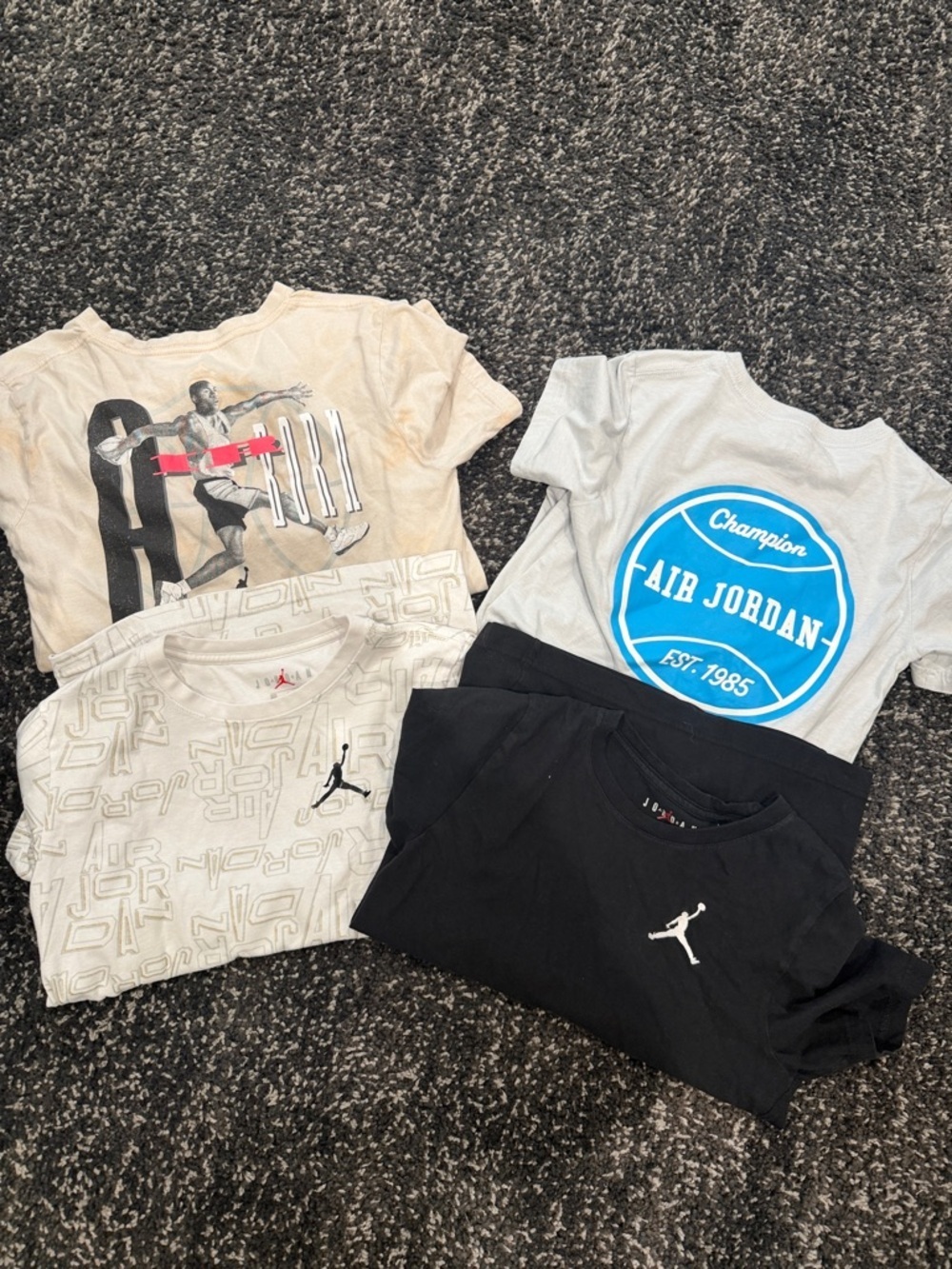 Qty 4 Jordan Kids Short Sleeve Tee Bundle in Black, Gray, Cream, Blue